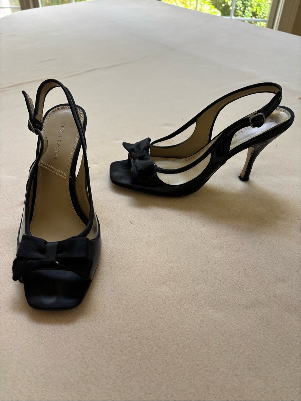 Tahari Black Slingback Bow Peep-Toe Heels